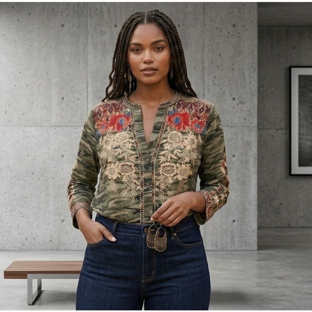 Indigo Moon Womens XL Camo Embroidered Floral Beaded Blouse 3/4 Sleeve V-Neck